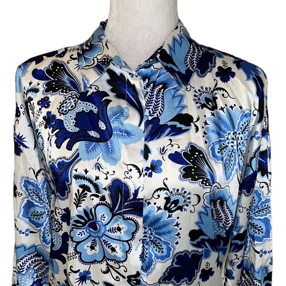 NWT Zara Navy Aqua Blue & White Floral Satin Button Down Blouse - L - Picture 7 of 16